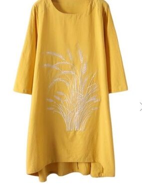 NWT Minibee Mustard Yellow Linen Wheat Embroidered Tunic Dress 2XL